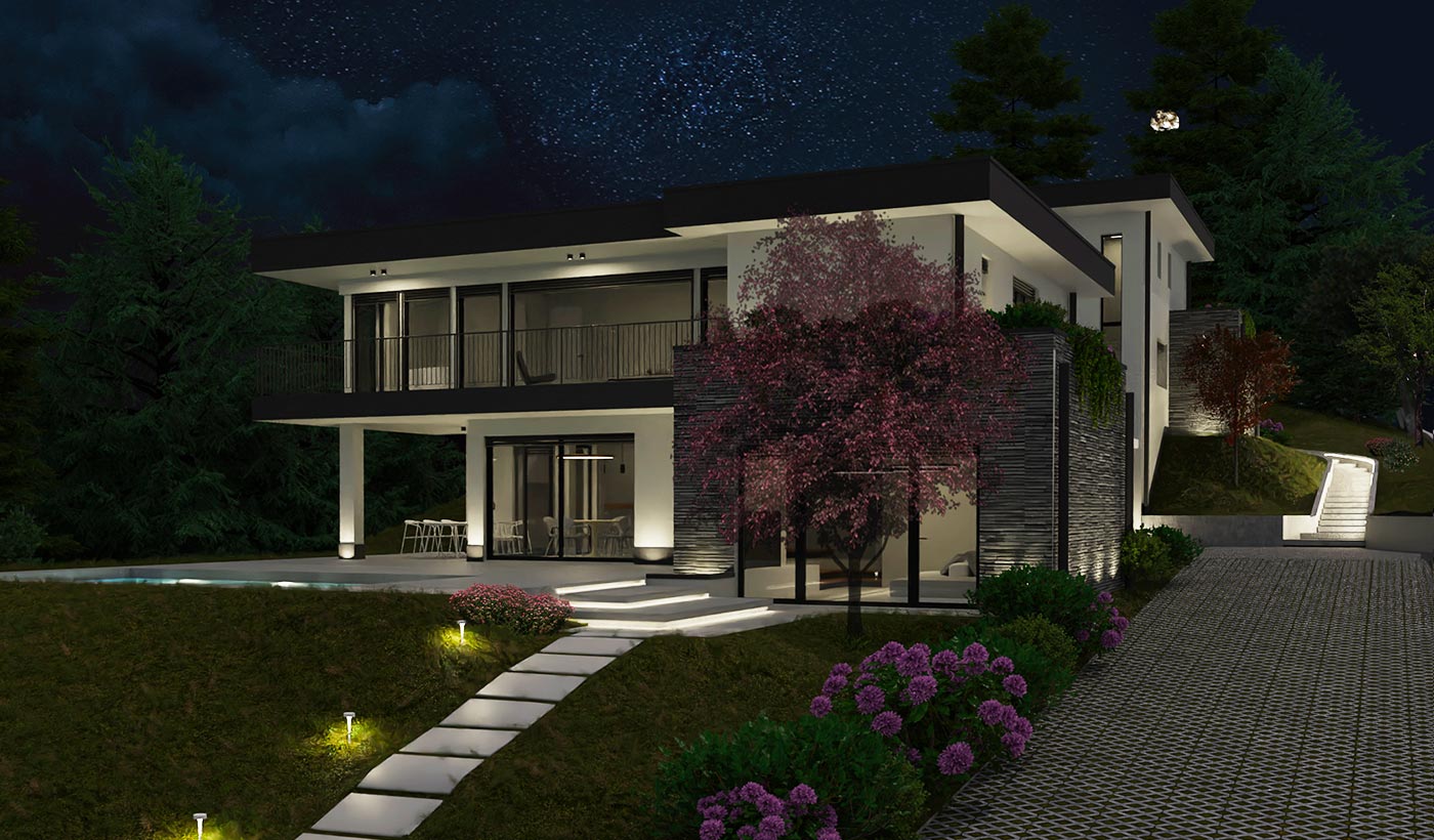 Villa in legno Clivio Varese rendering notturno