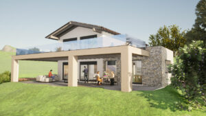 Render esterno prospettiva porticato Kager Italia