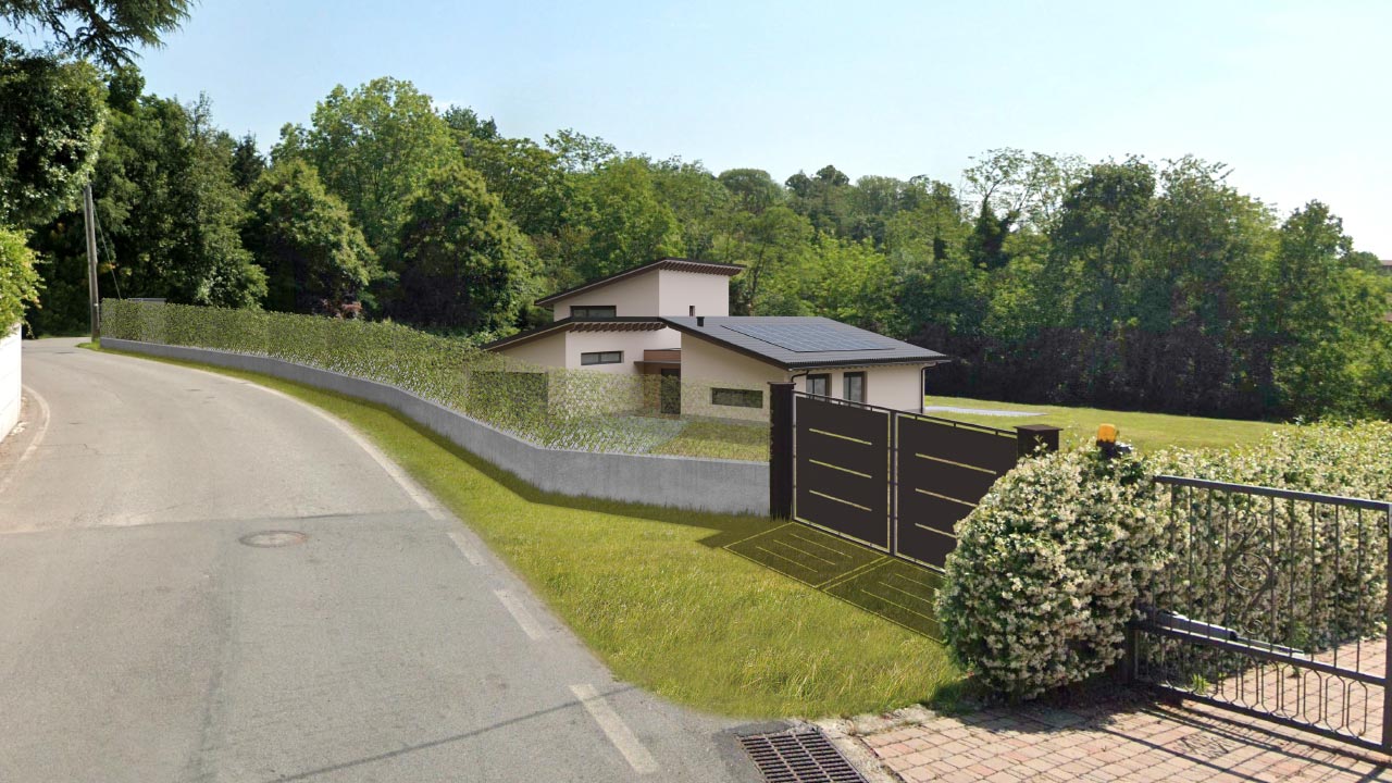 Funzionalità e design in questa villa in legno nel verde a Vergiate